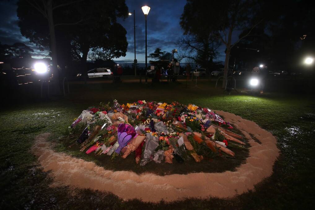 The make-shift memorial for Eurydice Dixon at Princes Park, Carlton. Photo: Simon Schluter 