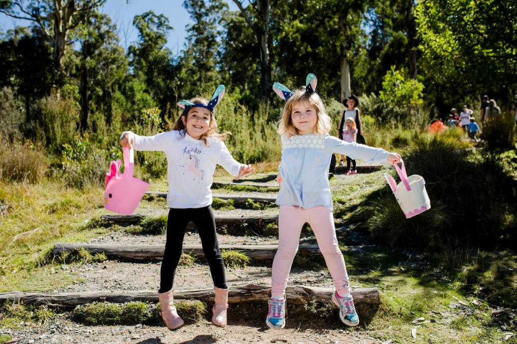 The Great Corin Forest Easter Egg Hunt on Good Friday. Cousins Amarni Saylor, 5, of Victoria, and Grace Richardson, 5, of Harrison. Photo: Jamila Toderas