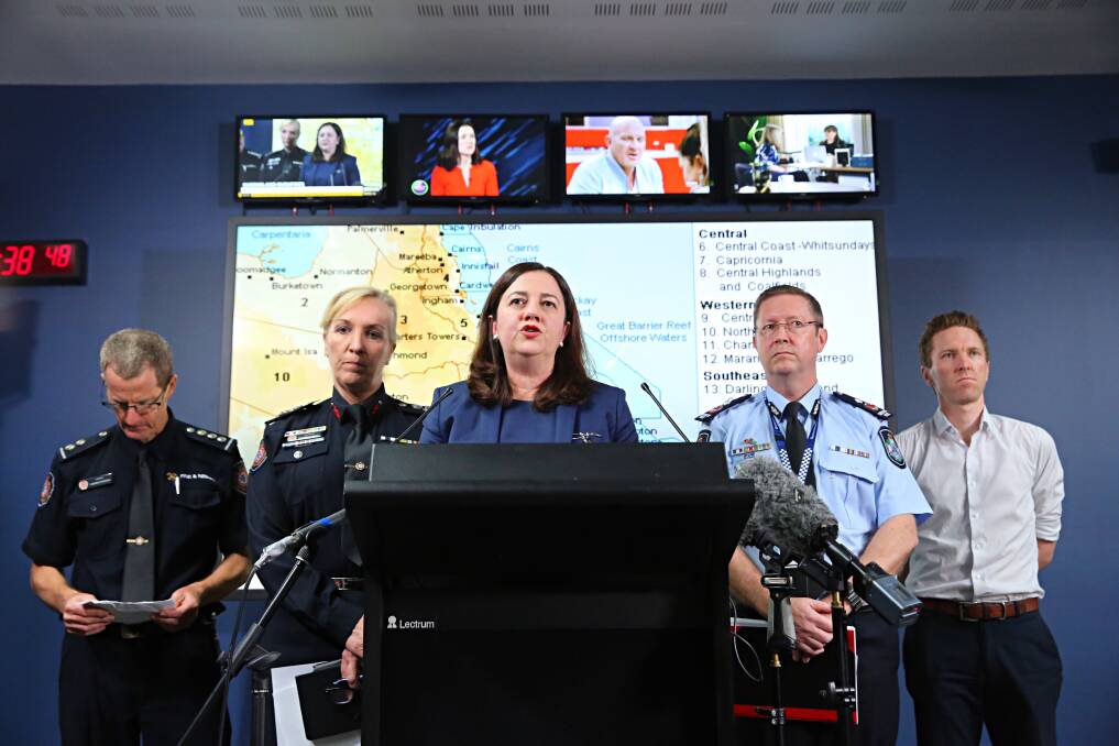 QFES predictive services inspector Andrew Sturgess, Fire Commissioner Katarina Carroll, Queensland Premier Annastacia Palaszczuk, State Disaster Coordinator Bob Gee and Bureau of Meteorology senior forecaster David Grant at the Kedron Emergency Services Centre. Photo: Supplied