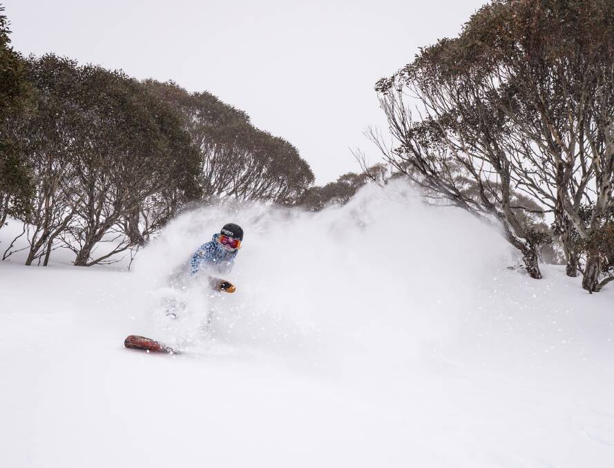 A snowboarder at Perisher kicks up some of the 40cm of snow that has fallen across NSW's alpine region since Monday. Photo: Supplied
