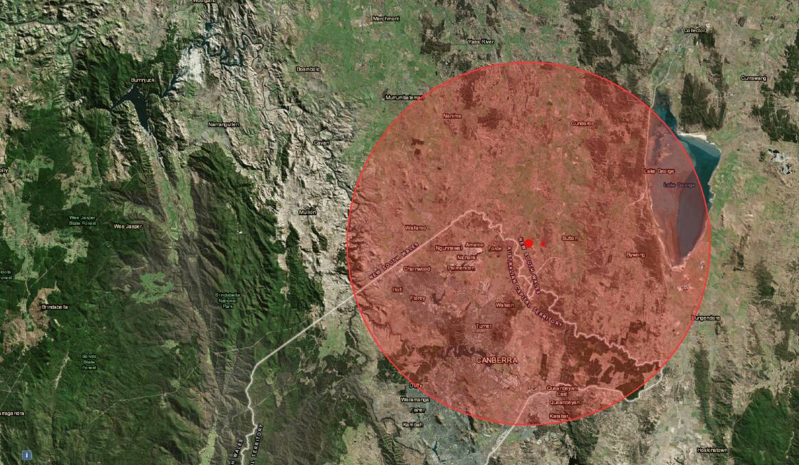 A map shows the 3.1 magnitude earthquake that hit over the ACT border near Sutton and the radius it was felt. Photo: Geoscience Australia