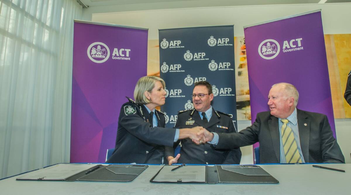 Police Minister Mick Gentleman (right) with ACT CPO Justine Saunders (left) and AFP Commissioner Michael Phelan. Photo: Karleen Minney
