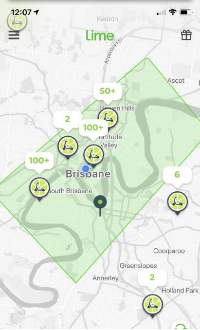 People can find and hire a Lime scooter via the app. The green rectangle shows the "geofencing" area in Brisbane's inner-city. Photo: Supplied