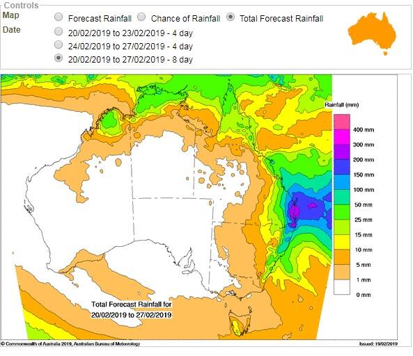 The eight-day rainfall forecast for the country shows the large falls expected to be dumped by TC Oma. Photo: Bureau of Meteorology