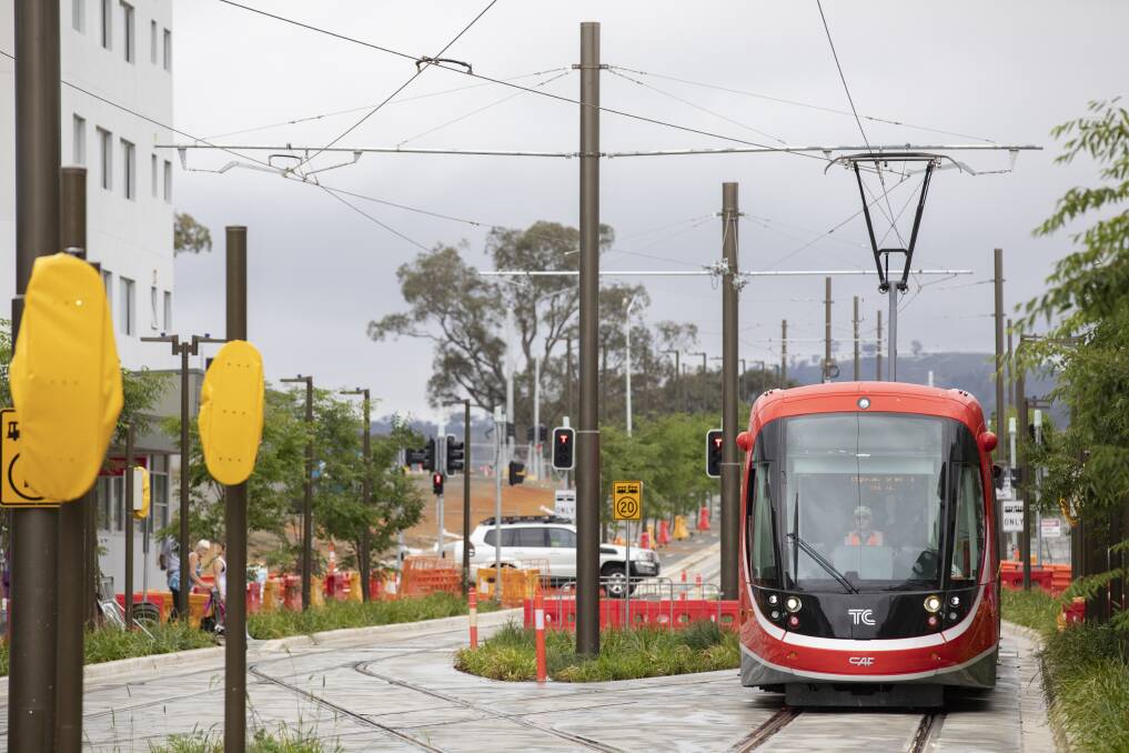 A light rail vehicle arrives at the Gungahlin terminus. There are concerns about the electric cabling on the project. Photo: Sitthixay Ditthavong