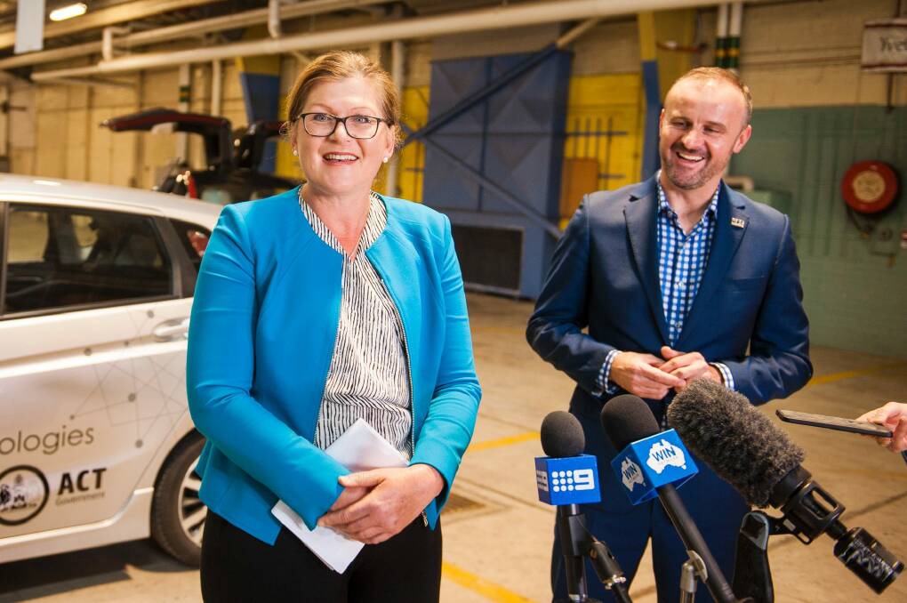 Co-chair of the Seeing Machines Research Initiative Kate Lundy with ACT Chief Minister Andrew Barr at the launch of the trial in 2017. Photo: Dion Georgopoulos