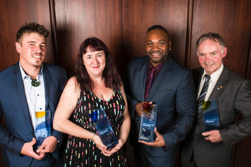 ACT young Australian of the year Zack Bryers, ACT local hero Suzanne Tunks, ACT Australian of the year Dion Devow, and ACT senior Australian of the year Dr Graham Farquhar AO. Photo: Jamila Toderas