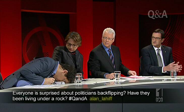 There he goes ... Simon Sheikh collapses on to the Q&A desk. Photo: ABC