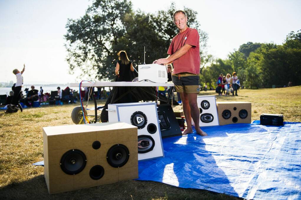 Dave Heffernan from Flynn with his Skyfire stereo set-up. Photo: Rohan Thomson