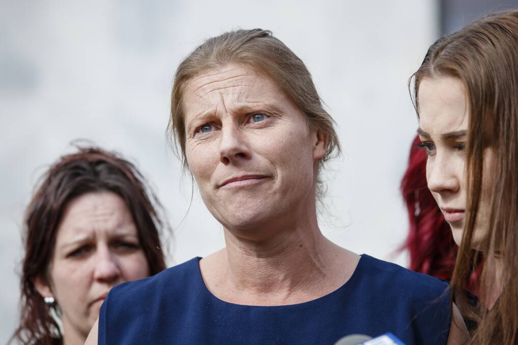 Supported by family and friends, Rachel Jones, mother of murdered child Bradyn, speaks to media after Graham Dillon was sentenced. Photo: Sitthixay Ditthavong