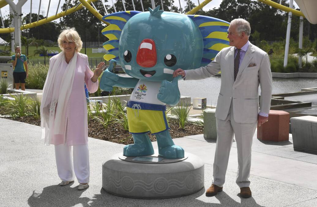 Camilla and Prince Charles pose with the Commonwealth Games mascot, Borobi, on April 5. Photo: AAP