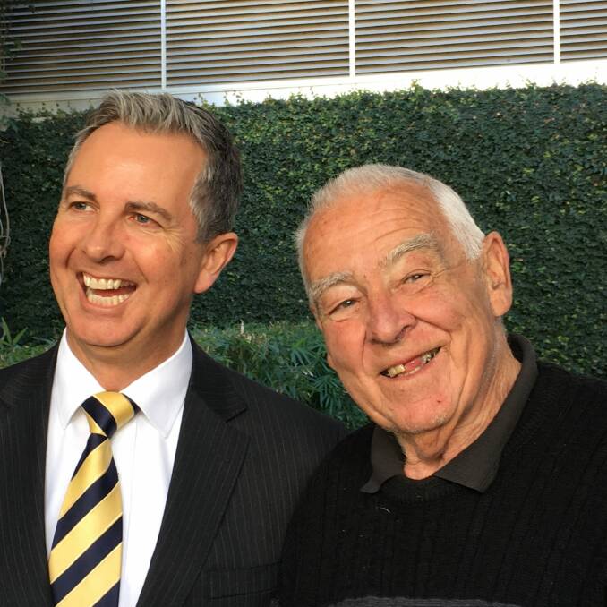 Smiles all round when Val Jeffery entered parliament last year. Mr Jeffery, pictured with then Liberal leader Jeremy Hanson, has died. Photo: Kirsten Lawson