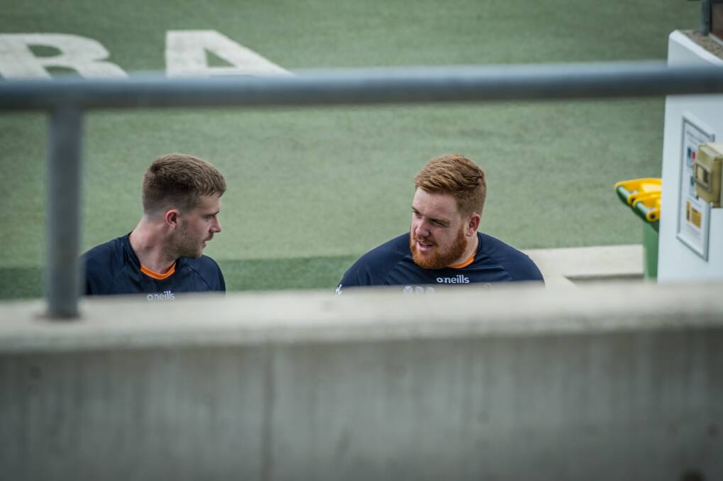 Mack Hansen and Tom Ross prepare for their first game at Canberra Stadium. Photo: Karleen Minney