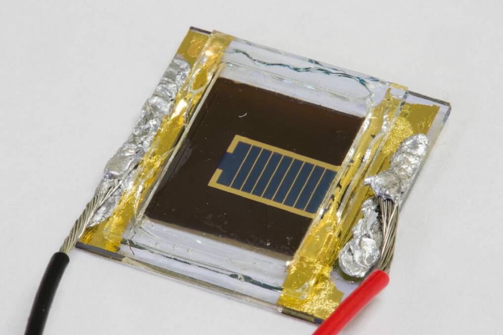 The higher efficiency Perovskite silicon cell which can be produced cheaply.  Photo: Stuart Hay