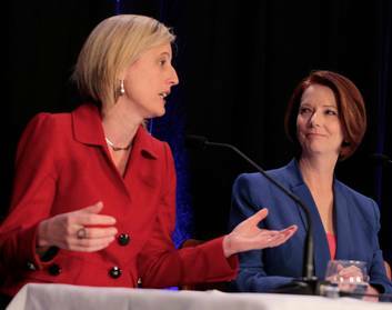 Prime Minister Julia Gillard attended a "Breakfast with Powerful Women" at old Parliament House in Canberra with ACT Chief minister Katy Gallagher this morning. Photo: Andrew Meares
