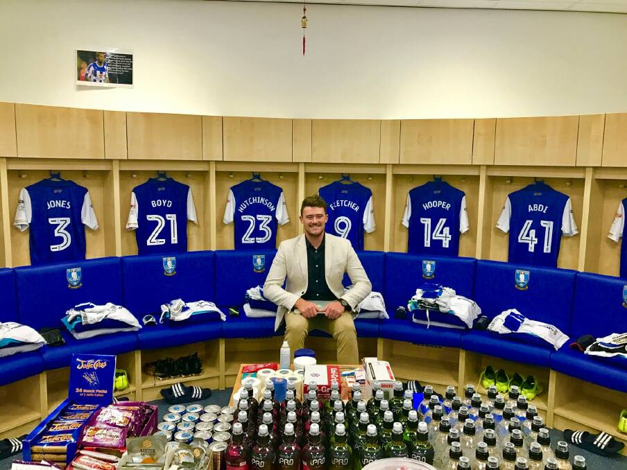 ONTHEGO Sports founder Mick Spencer in the Sheffield Wednesday dressing rooms last week. He flew to the UK for Sheffield's first home game. Photo: Supplied