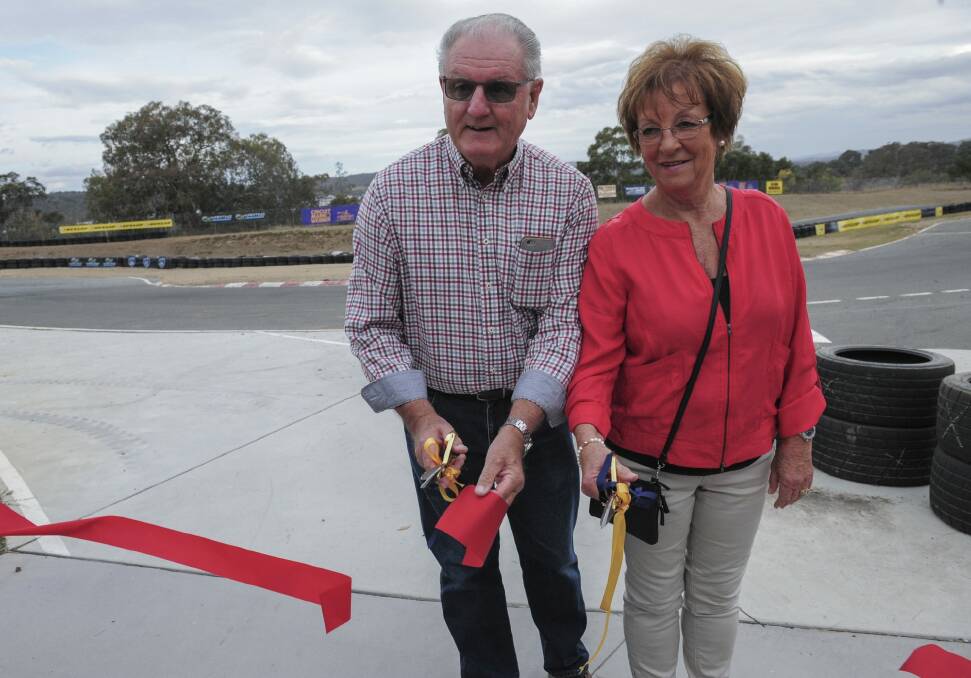 The Canberra Kart Racing Club have re-named their track "Circuit Mark Webber" after former Formula One driver Mark Webber, who raced at there in the early stages of his career. His parents Allen and Diane were special guests at the event and cut the ceremonial ribbon. Photo: Graham Tidy