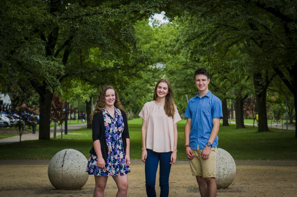 Eloise Fry 19, Melissa Nuhich 18, and Alexander Ollman 18 have been offered places at the ANU. Photo: Jamila Toderas