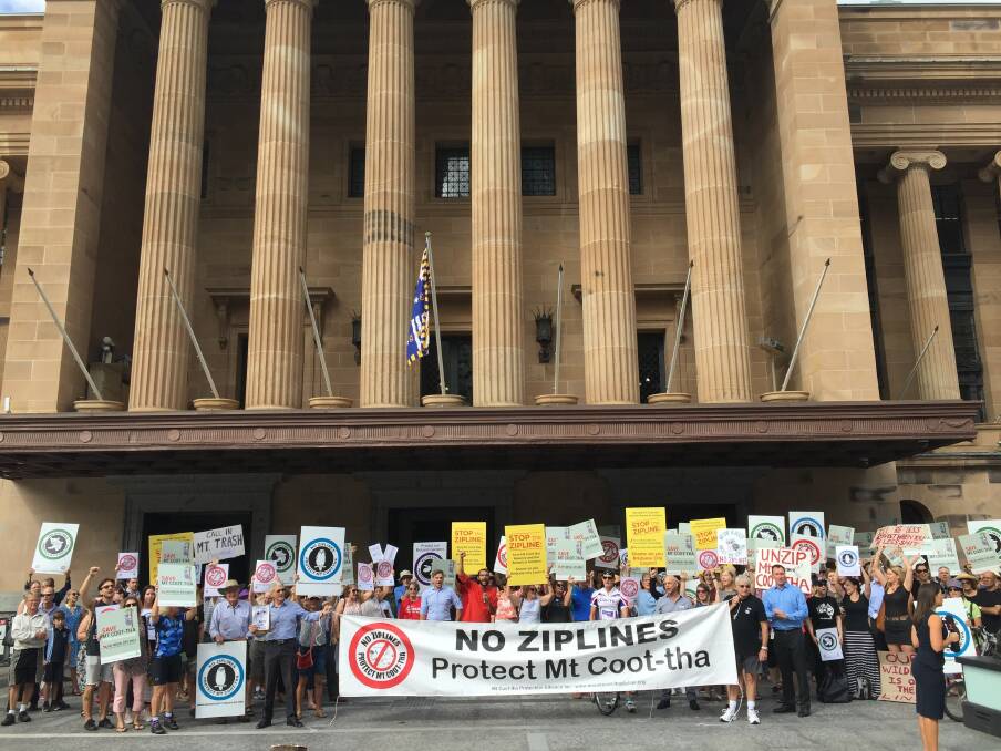 The protest held in King George Square against the zipline project saw about 150 people attend. Photo: Lucy Stone/Brisbane Times