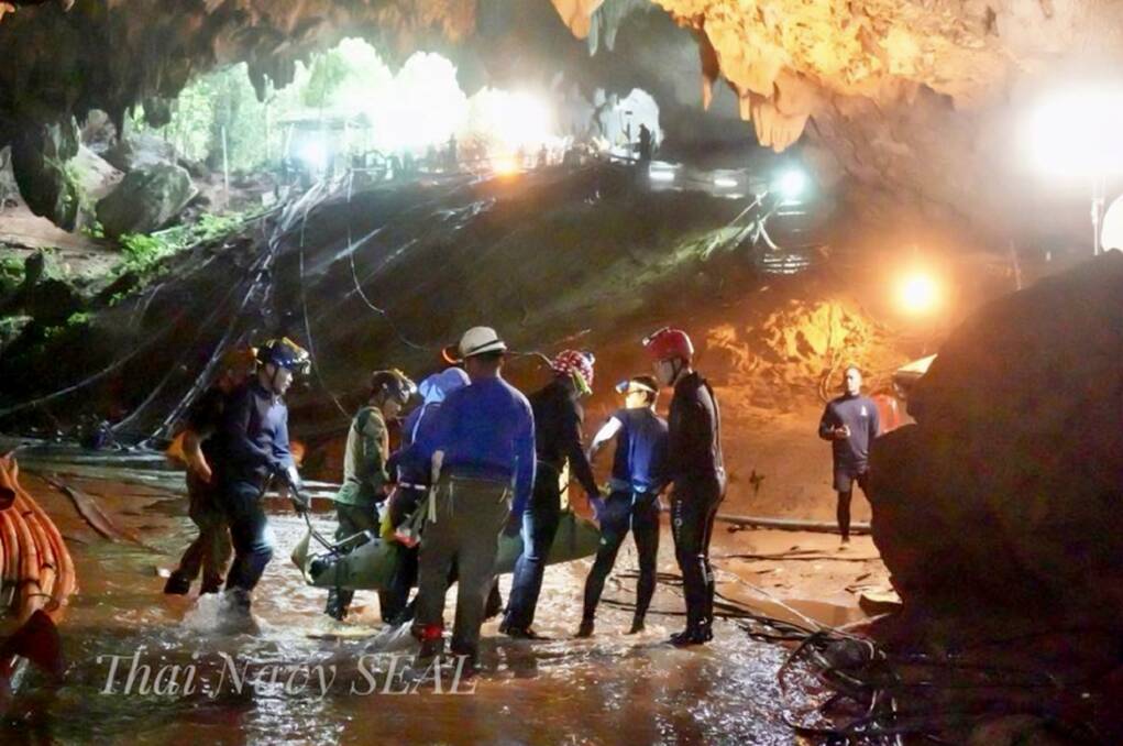 One of the boys is stretchered out of the Tham Luang cave, an expansive cave network that will now be turned into a museum. Photo: Thai Navy SEALs