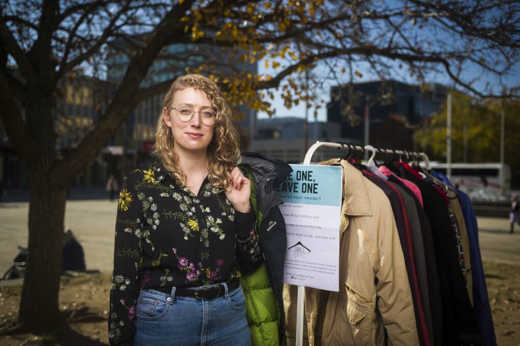 Lauren Dreyar started the charity Take One, Leave One which allows rough sleepers to pick up coats at selected spots in Canberra for winter. Photo: Dion Georgopoulos