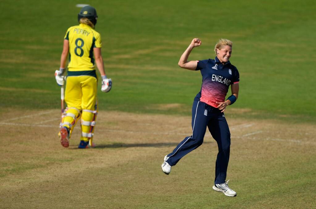 England bowler Kathryn Brunt celebrates after bowling Australia's Alex Blackwell when the two sides met in the World Cup. The Ashes is scheduled for October. Photo: Getty Images