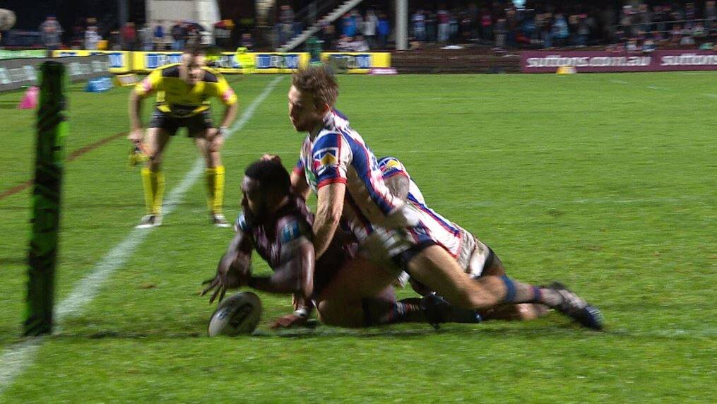 Controversy: Akuila Uate drops the ball over the line, but the try was awarded. Photo: Fox Sports