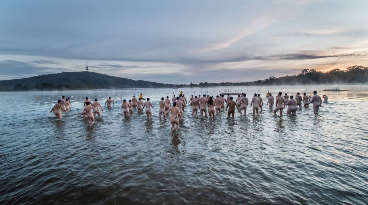Swimmers take the plunge at Lake Burley Griffin. Photo: Karleen Minney
