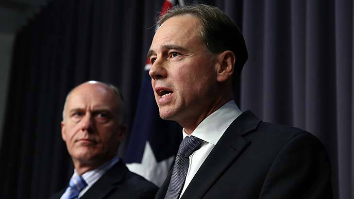 Leader of the government in the Senate, Eric Abetz, and Environment Minister Greg Hunt address the media after the failed vote. Photo: Alex Ellinghausen