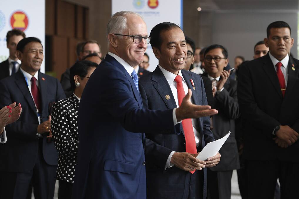 Former prime minister Malcolm Turnbull and Indonesian President Joko Widodo during the ASEAN-Australia Special Summit in Sydney in March, prior to Mr Turnbull's ousting. Photo: AAP