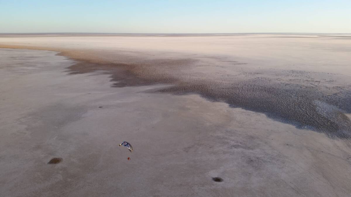The view from above Lake Eyre, where Canberra man Dr Peter Evans and his fellow pilots began the first ever paramotor flight from Australia's lowest point to its highest peak. Photo: Supplied