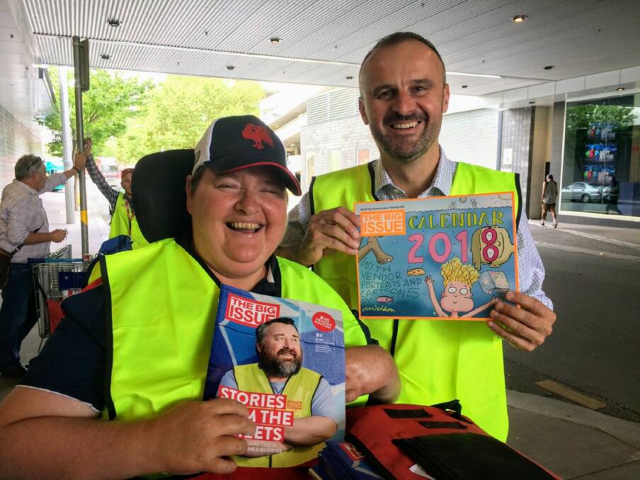 ACT Chief Minister Andrew Barr selling The Big Issue with vendor Kylie. Photo: supplied