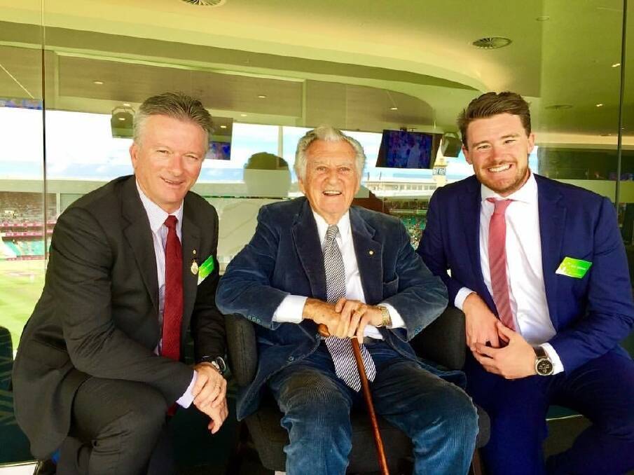 Canberra's Mick Spencer (right) with Aussie legends, former Australian cricket captain, Steve Waugh, and former prime minister, Bob Hawke. Photo: supplied