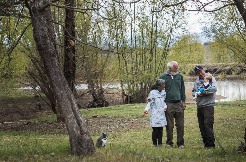 Dave and Hideko Petony on their Wallaroo property pictured with Dave's son Ben and his daughter Sage and their cat Gan Chan.  Photo: Elesa Kurtz