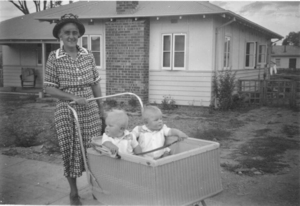 Mrs Buttery with the Hill twins outside a Tocumwal house in O'Connor, 1951. Hill Collection. Photo: Hill Collection