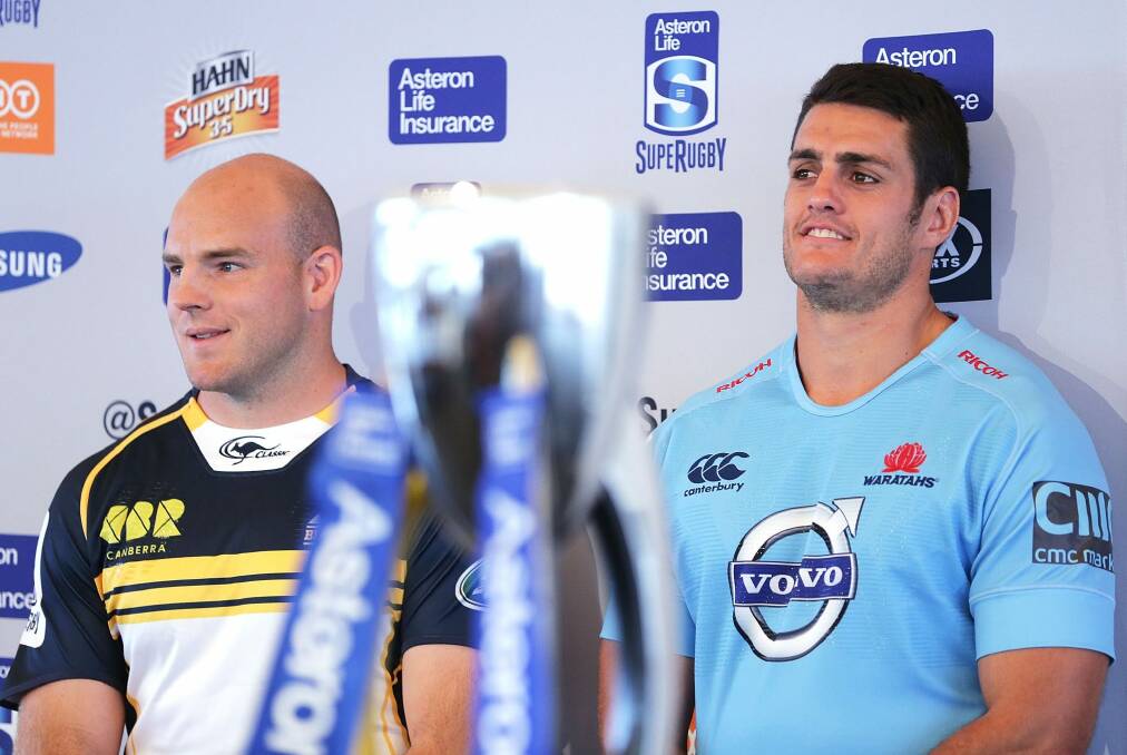 Brumbies captain Stephen Moore and Waratahs skipper Dave Dennis. Photo: Getty Images