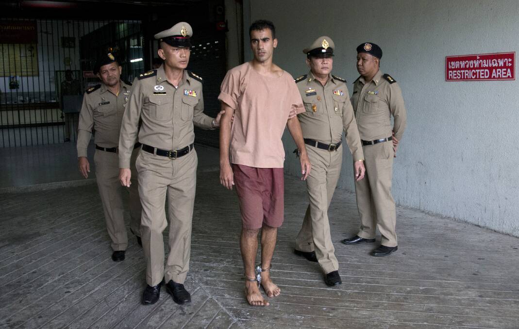 Hakeem al-Araibi in shackles. Photo: AP