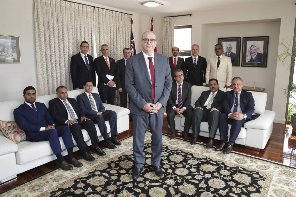 The head of the General Delegation of Palestine to Australia, Izzat Salah Abdulhadi, meets with ambassadors and senior diplomats from the Council of Arab Ambassadors in Canberra on Tuesday.  Photo: Alex Ellinghausen