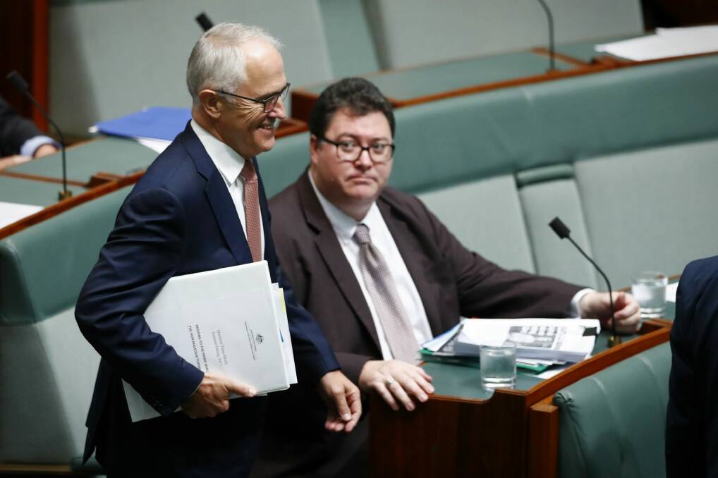 Nationals MP George Christensen, right, with Prime Minister Malcolm Turnbull. Photo: Alex Ellinghausen