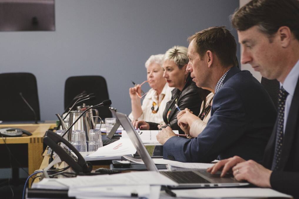 Chairman Shane Rattenbury and other committee members during the second inquiry into an ACT integrity commission Photo: Fairfax Media