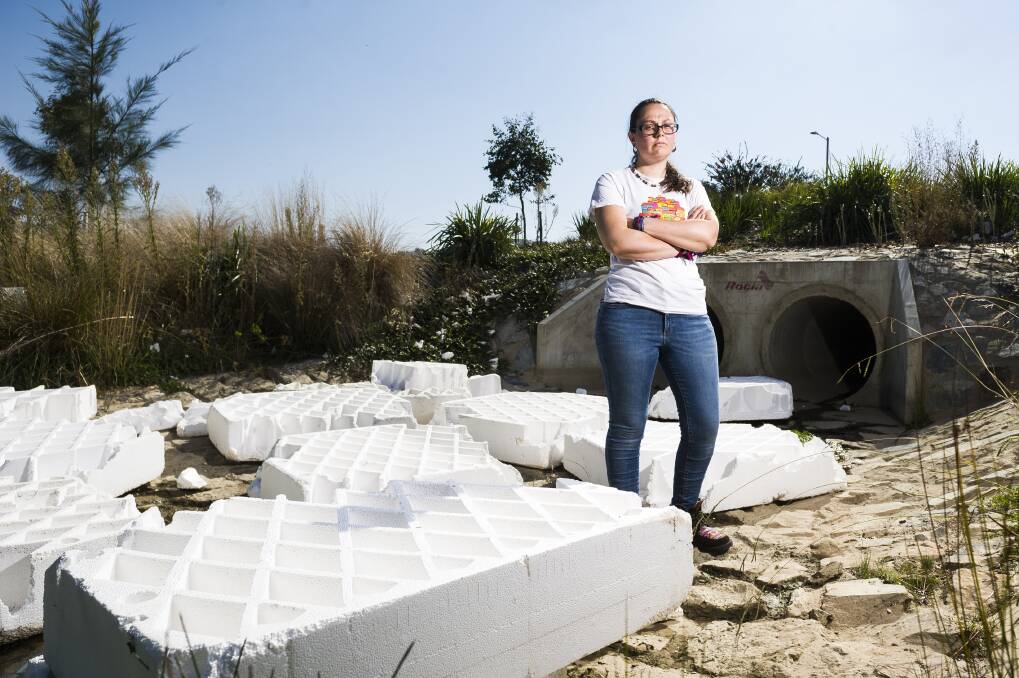Cate Ruth stands at a Moncreiff pond where polystyrene has accumulated.  Photo: Dion Georgopoulos