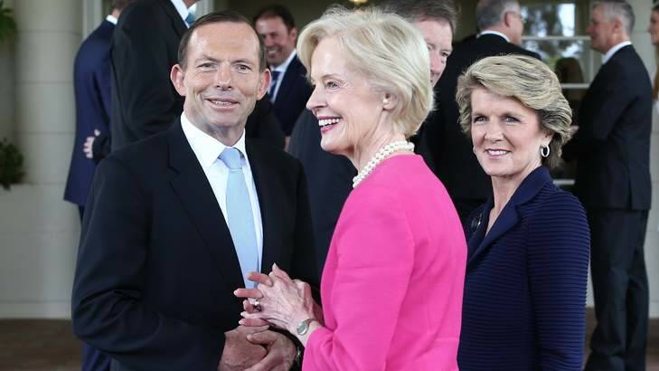 Prime Minister Tony Abbott with Governor-General Quentin Bryce and Foreign Minister Julie Bishop. Photo: Andrew Meares