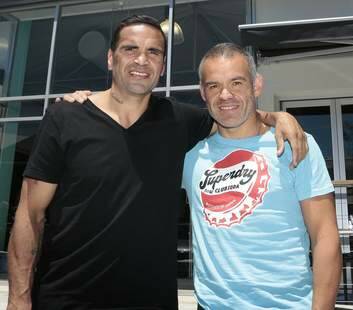 Anthony Mundine and Gilberto Jesus Mendonza after lunch in Fyshwick on Friday. Photo: Jeffrey Chan