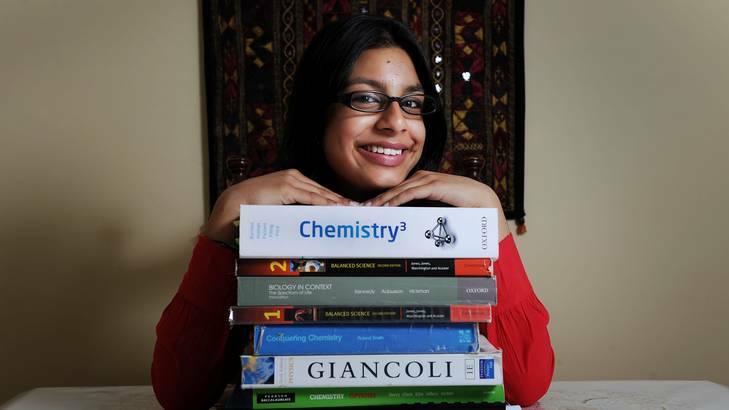Year 11 Narrabundah College student Ayesha Rahim, who will study undergraduate chemistry at the ANU, at her Garran home. Photo: Colleen Petch