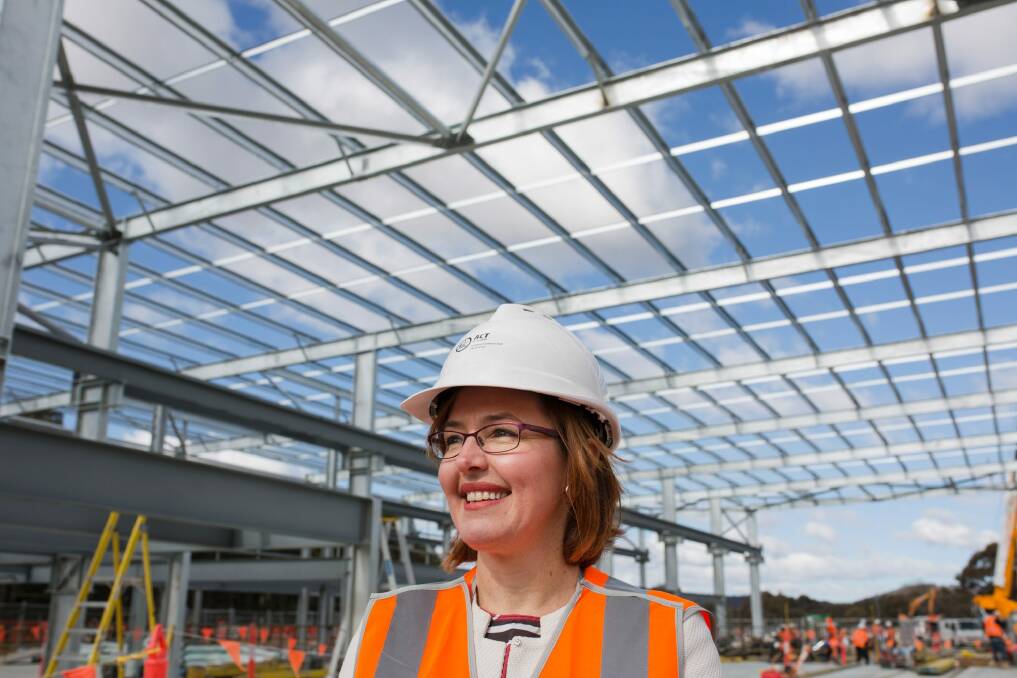 ACT transport minister Meegan Fitzharris at the Maintenance Building at the light rail's Mitchell depot on Wednesday. Ms Fitzharris said light rail construction is progressing well.  Photo: Jamila Toderas