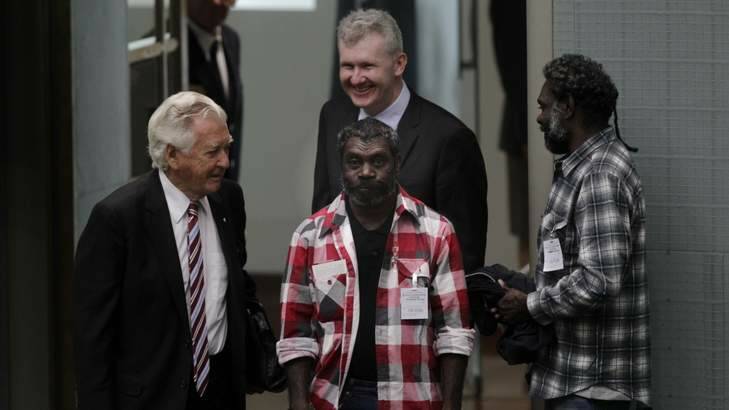 Environment minister Tony Burke with former prime minister Bob Hawke and traditional owner Jeffrey Lee (centre) and Stewart Gangali  in Parliament House. Koongarra has been included into Kakadu National Park. Photo: Andrew Meares