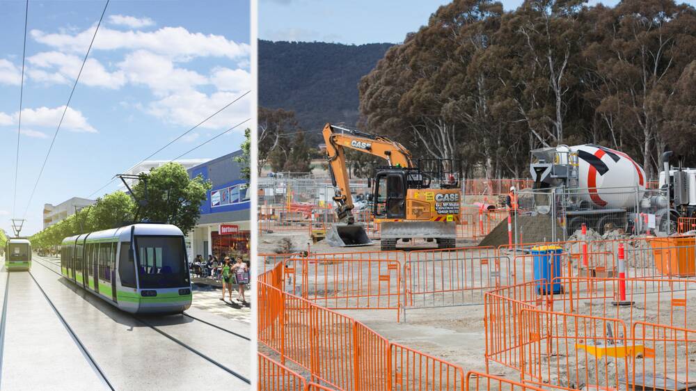 The light rail track has come a long way since it was first seen as a concept drawing, left, and work began at the Mitchell Depot. Photo: Jamila Toderas and supplied