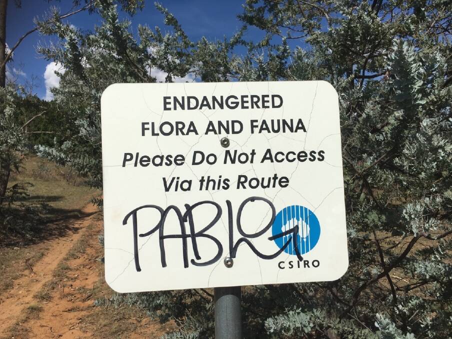 A sign warning of endangered plants and animals at the former CSIRO site at Mount Ainslie. The sign has now been removed.