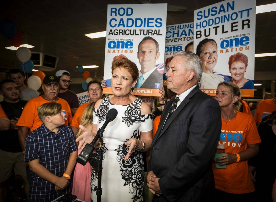 One Nation leader Pauline Hanson declared the party's election result was "fantastic", despite falling well short of predictions. Photo: Tony McDonough