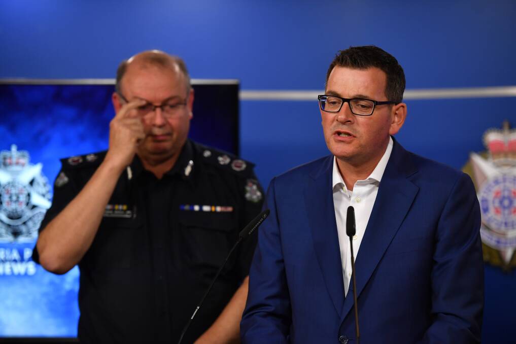 Chief Commissioner Graham Ashton and the Victorian premier Daniel Andrews, Bourke st media conference on  the night of the attack, Friday 9th November. 
  Photo: Joe Armao 